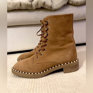Stuart Weitzman - Faux Pearl Embellished Suede Ankle Boots - Size 37.5